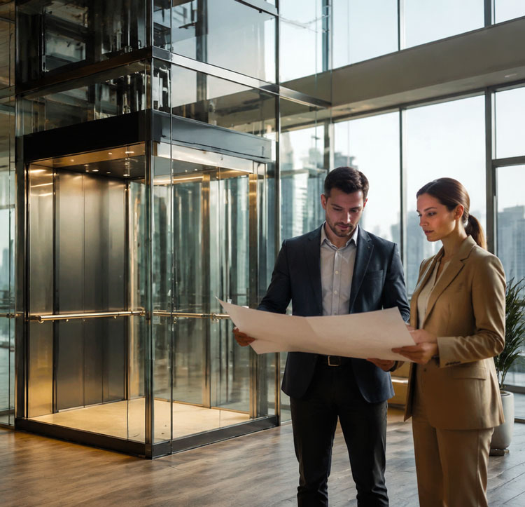 Il team vendite di Kelevator discute un progetto per ascensori